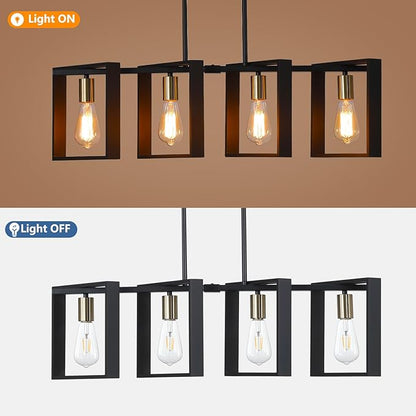 9MMML 4 Lights Wood Chandelier,Industrial Rectangle Linear Dining Room Pendant Light, Black Wood Frame+Gold E26 Socket,Kitchen Island Light for Hallway Bar Pool Table, Height Adjustable