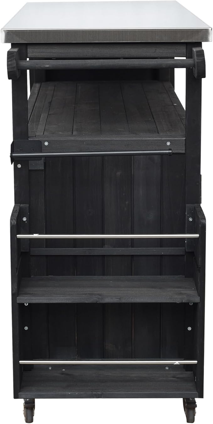 MERITLINE Foldable Outdoor Kitchen Island with Stainless Steel Top & Fir Wood Frame, Adjustable Hidden Shelf & Two-Tier Rack, Lockable Casters for Patio, Garden, Balcony, Black