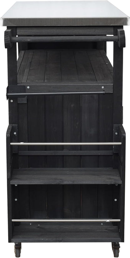 MERITLINE Foldable Outdoor Kitchen Island with Stainless Steel Top & Fir Wood Frame, Adjustable Hidden Shelf & Two-Tier Rack, Lockable Casters for Patio, Garden, Balcony, Black