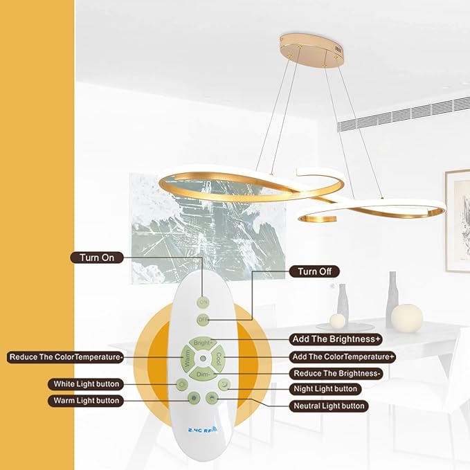 Gold LED Chandelier, Dimmable Modern Pendant Light with Remote - Contemporary Ceiling Light Fixture for Dining Room, Kitchen Island & Living Room