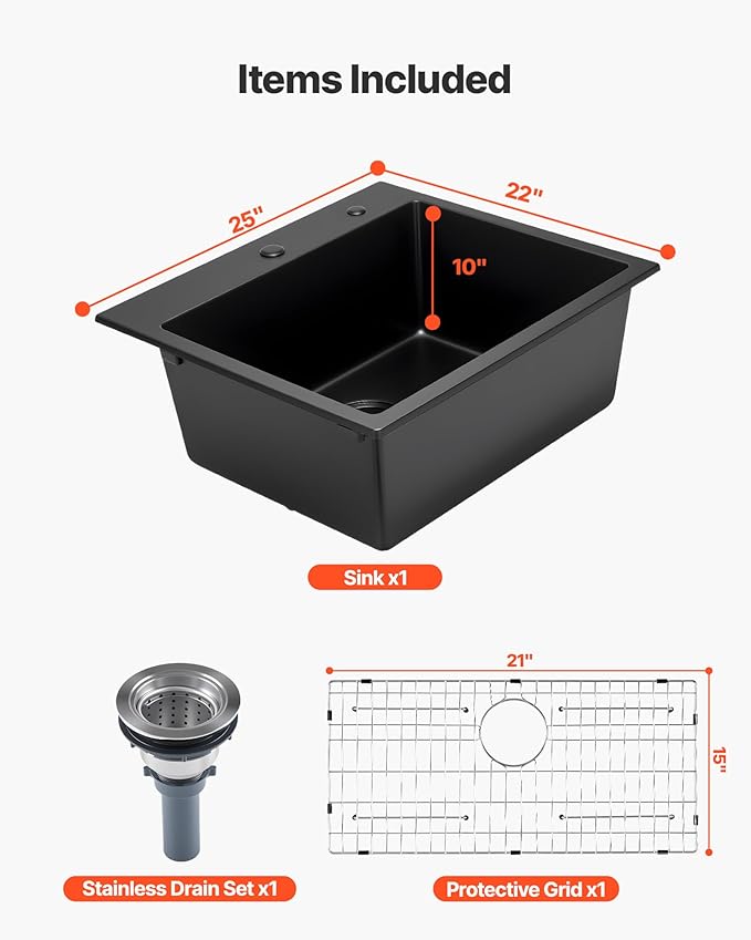 VEVOR 33 inch Kitchen Sink Workstation, Top Mount Granite Sinks, Drop-In Single Bowl Farmhouse Basin with Multiple Accessories, Household Dishwasher Sinks (22"D x 25"W x 10"H)