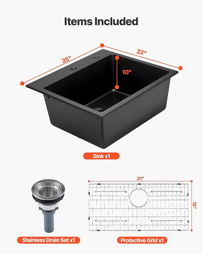 VEVOR 33 inch Kitchen Sink Workstation, Top Mount Granite Sinks, Drop-In Single Bowl Farmhouse Basin with Multiple Accessories, Household Dishwasher Sinks (22"D x 25"W x 10"H)