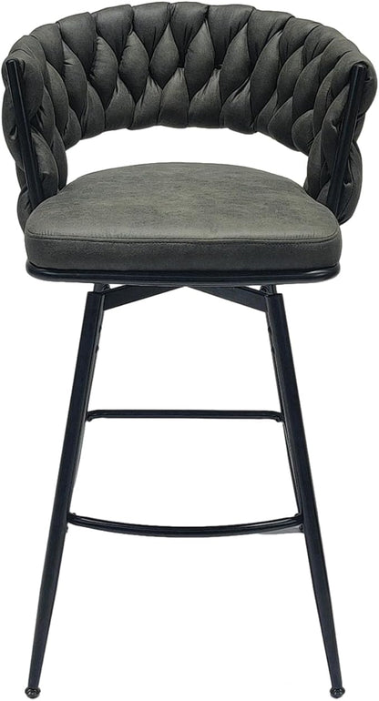 GOWE 28" Technical Leather Woven Bar Stool Set of 2,Black Legs Barstools No Adjustable Kitchen Island Chairs,360 Swivel Bar Stools Upholstered Counter Stool Arm Chairs with Back Footrest (Tan)