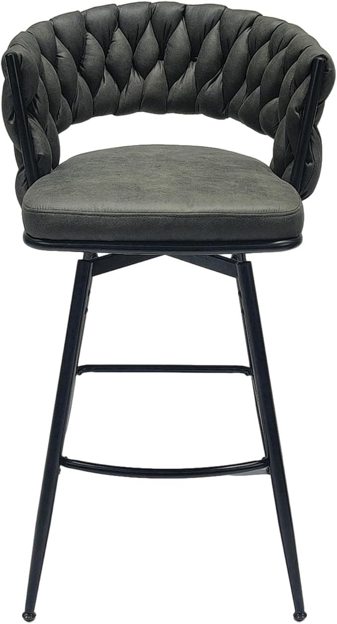28" Technical Leather Woven Bar Stool Set of 2,Black Legs Bar stools No Adjustable Kitchen Island Chairs,360 Swivel Bar Stools Upholstered Counter Stool Arm Chairs with Back Footrest (Tan)