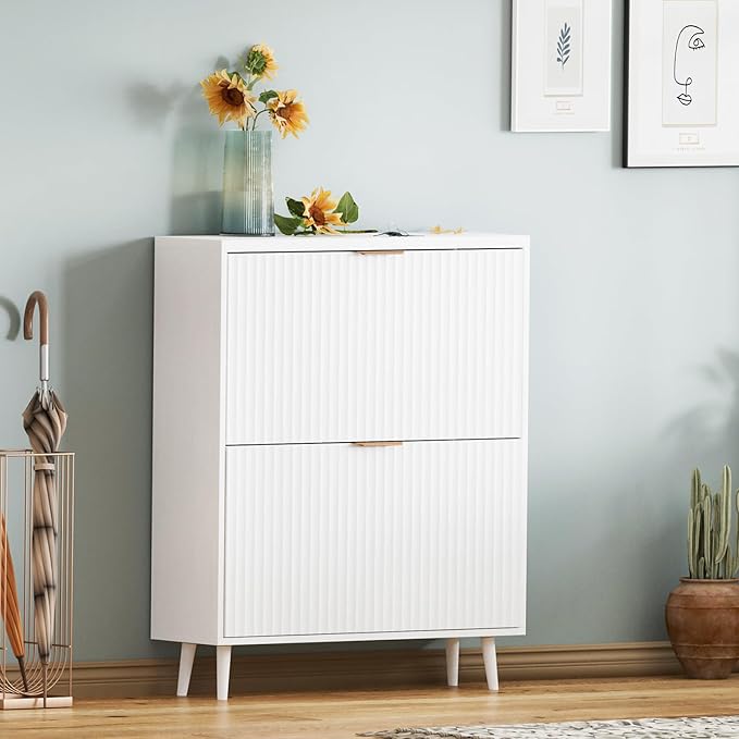 Shoe Cabinet Storage,Modern Freestanding Organizer with 2 Flip Drawers,Narrow Shoe Rack Cabinet for Entryway,White