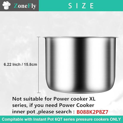 Inner Pot for Instant Pot 6 Qt, with 2-Pack 100% Silicone Sealing Ring Replacement Pot for InstaPot Cooking Pot Stainless Steel (Equivalent to IP-POT-SS304-60) Nonstick Pot 6Qt Liner