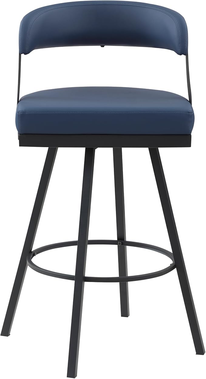 Lexicon Swivel Bar Stools Set of 2 - Bar Height Stools for Kitchen Island, Padded Seat, Open Back, Sturdy Black Metal Frame Finish and Blue Faux Leather Cushion Seat, Blue
