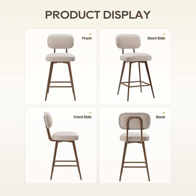 MALOL 26“ PU Leather Swivel Bar Stools Set of 3, Mid Century Counter Height Bar Chairs with Low Back and Metal Legs, Modern Bar Stool Chair for Kitchen Island, Beige