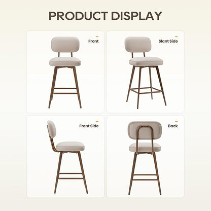 MALOL 26“ Swivel Bar Stools Set of 6, Mid Century PU Leather Counter Height Bar Chairs with Low Back and Metal Legs, Modern Bar Stool Chair for Kitchen Island, Beige