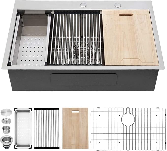 Kichae 28 Kitchen Sink Drop In - 28x22 Inch Drop Sink Workstation Stainless Steel Single Bowl Topmount Overmount Kitchen Sink Handmade Basin