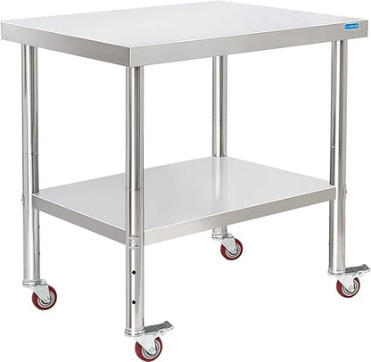 KUARBARR Stainless Steel Table for Prep & Work with 4 Caster Wheels with Adjustable Undershelf 24 x 30 NSF Metal Commercial Kitchen Worktable for Restaurant Home Outdoor | Prep & Work, 4 Caster Wheels, NSF, Commercial Kitchen, Worktable