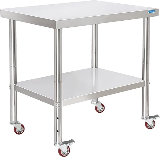 KUARBARR Stainless Steel Table for Prep & Work with 4 Caster Wheels with Adjustable Undershelf 24 x 30 NSF Metal Commercial Kitchen Worktable for Restaurant Home Outdoor | Prep & Work, 4 Caster Wheels, NSF, Commercial Kitchen, Worktable
