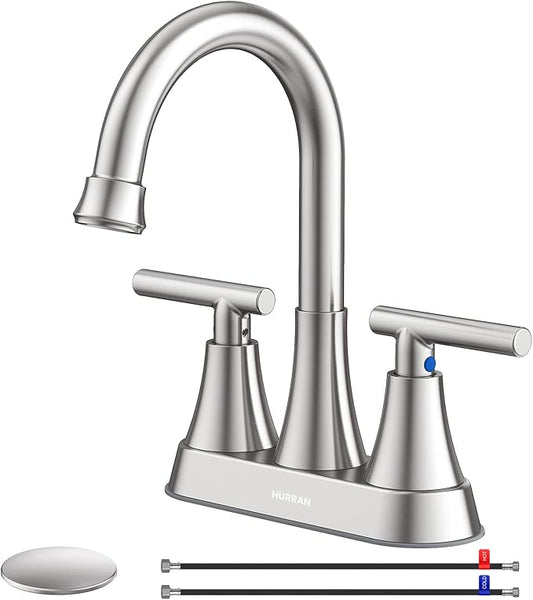 Bathroom Faucets for Sink 3 Hole, Hurran 4 inch Brushed Nickel Bathroom Sink Faucet with Pop-up Drain and Supply Lines, Stainless Steel Centerset Faucets for Sink Vanity RV