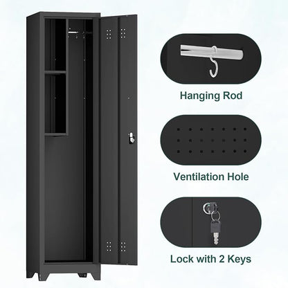 Slim Cabinet for Small Spaces, Metal Bathroom Storage Cabinet with Shelves, Hooks, Narrow Locking Cabinets with 2 Keys, 65” H Tall Storage for Home Office, Living Room, Dining Room, Black