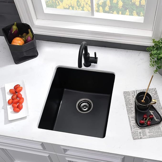 15 Inch Black Bar Sink Undermount-VASOYO 15x17 Small Kitchen Sink Black Quartz Undermount Outdoor Rv Sinks Deep Single Bowl Wet Bar Sinks Small Bowl with Bottom Grid