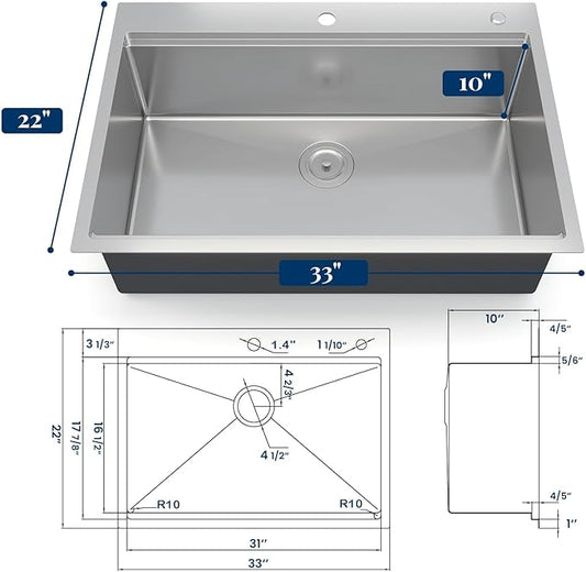 GarveeTech Kitchen Sinks,33×22×10 inch Workstation Drop-In Kitchen Sink – Brushed Stainless Steel, Deep 10 inch Single Bowl, Heavy-Duty Rim, Grid & Drain Assembly