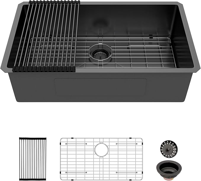 33 Inch Black Undermount Kitchen Sink - Beslend Gunmetal Black NANO-PVD Sinks Stainless Steel Under Counter Kitchen Sink 16 Gauge Single Bowl Round Corner Basin 33x19x10