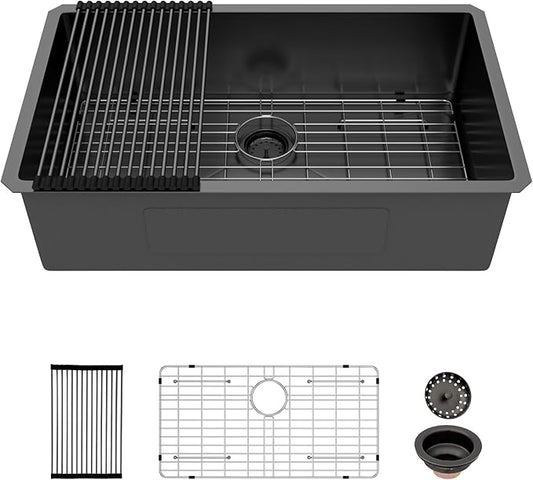 33 Inch Black Undermount Kitchen Sink - Beslend Gunmetal Black NANO-PVD Sinks Stainless Steel Under Counter Kitchen Sink 16 Gauge Single Bowl Round Corner Basin 33x19x10