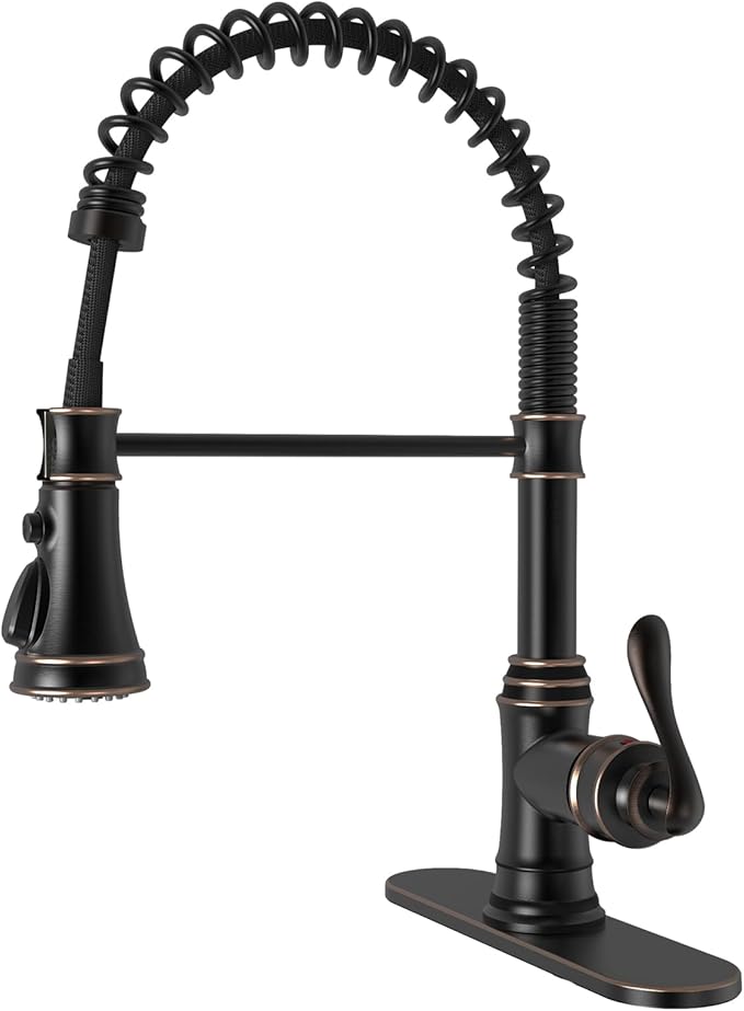 BWE Solid Brass Kitchen Faucet 1 or 3 Hole, Oil Rubbed Bronze Kitchen Sink Faucet with Pull Down Sprayer, Single Handle High Arc Faucet with 3 Mode Spray for RV Farmhouse Bar Kitchen