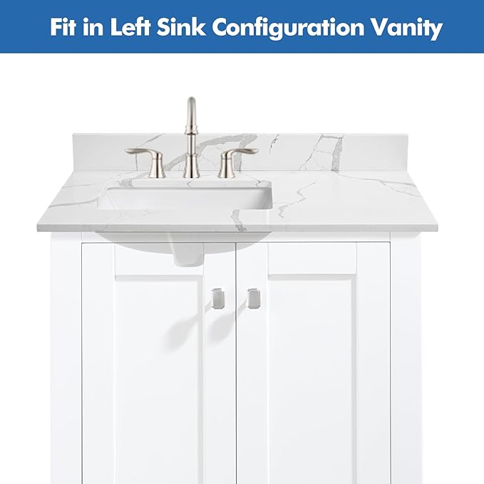 36 in.W x 22 in.D Quartz Calacatta River Vanity Top,with Undermount Left Offset Sink Vanity Top,with Two Sidesplash & One Backsplash,8 Inch Faucet Hole Spread Bathroom Vanity Sink Countertop