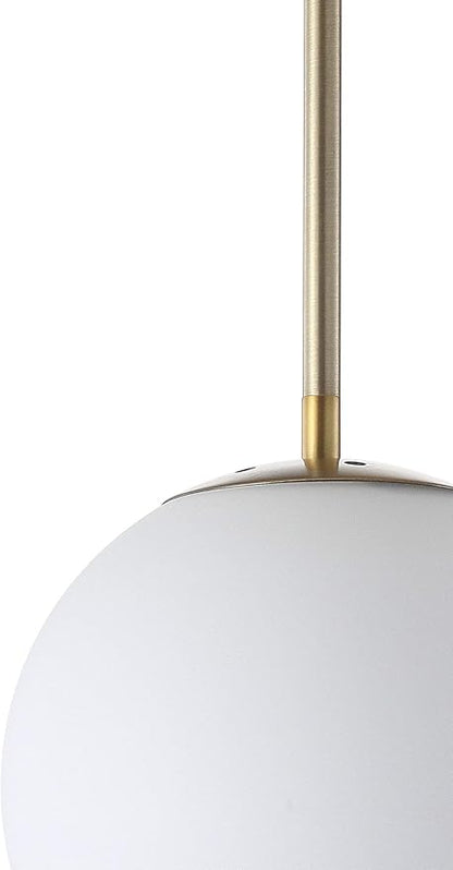 JONATHAN Y 7.75" White/Brass Gold Modern Globe LED Pendant Light, Industrial Hanging Ceiling Lamp for Kitchen Island, White Glass Globe Shade, LED Bulb Included JYL9528A