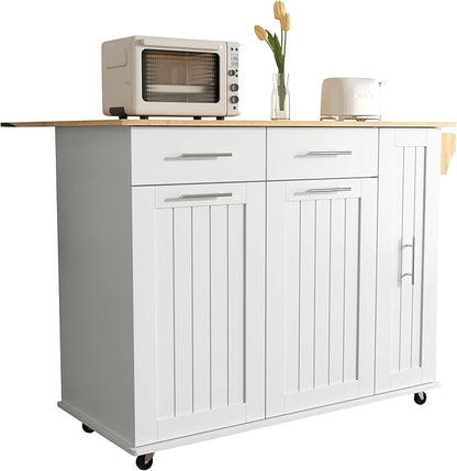 Modern Dining Table Expandable with and Drop - Kitchen Island Cart with 3-Tier Pull Out Organizer, Shelves, Rolling Wheels, Wood Countertop, Easy Clean Surface,White-Wood