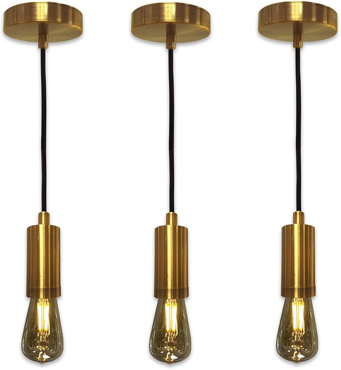 Royal Designs, Inc. Hanging Pendant Lighting Keyless Cylinder-Shaped Pendant Light Socket and Canopy, Gold Finish with Brown Rayon Fabric Cord