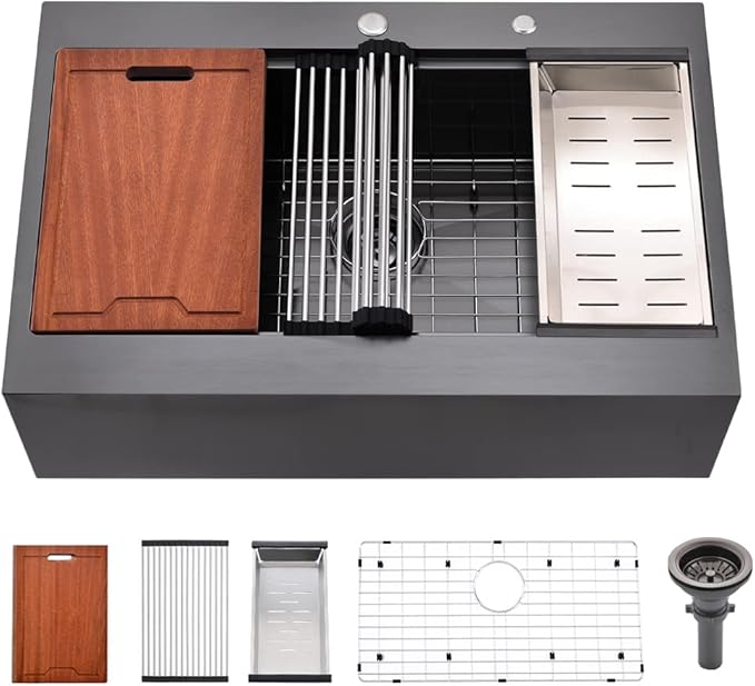 30 Inch Black Drop In Farmhouse Sink Workstation-Bokaiya 30 x 22 Black Stainless Steel Farmhouse Sink Top Mount Ledge Workstation 16 Gauge Single Bowl Drop In Kitchen Sink with Cutting Board