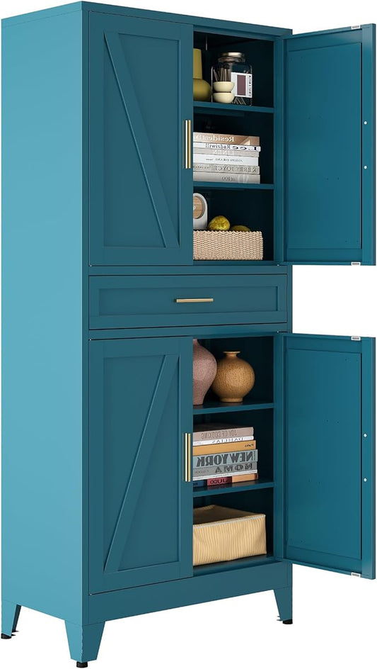 Bevivog Metal Storage Cabinet with Drawers, Tall Cabinets with Doors and Shelves, 4 Doors High Storage Cabinet for Office/Pantry/Living Room