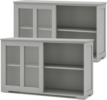 Costzon Sideboard Buffet Cabinet of 2, Wooden Kitchen Storage Cabinet with Adjustable Shelf, Sliding Glass Doors, Accent Coffee Bar Cabinet Console Table for Living Room, Dining Room, Hallway