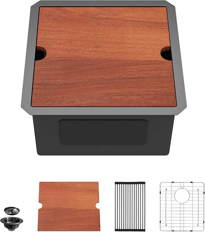 Dcolora 17 In. Black Undermount Bar Sink Single Bowl Workstation, 16 Gauge Stainless Steel Prep Sink Under Counter, 17" x 17" x 10", DC-U1717