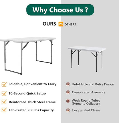 4ft Folding Table with Adjustable Height, Heavy Duty Fold-in-Half Plastic Table with Steel Legs and Handle, Portable for Indoor, Outdoor, Picnic, Camping, Dining, Party, White