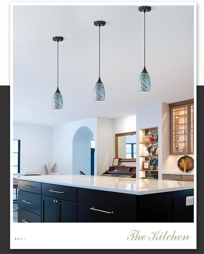 ANYLOVE Vintage Art Blue Pebble Pendant Lighting,3-Pack Hand Glass Hanging Light Fixture,Adjustable Cord for Kitchen,Hallway,Dining Room