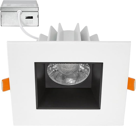 Maxxima 4 in. Ultra-Thin Recessed Anti-Glare LED Downlight, Canless IC Rated, 5 Color Temperature Selectable 2700K/3000K/3500K/4000K/5000K, Dimmable Square White/Black Trim, 90 CRI