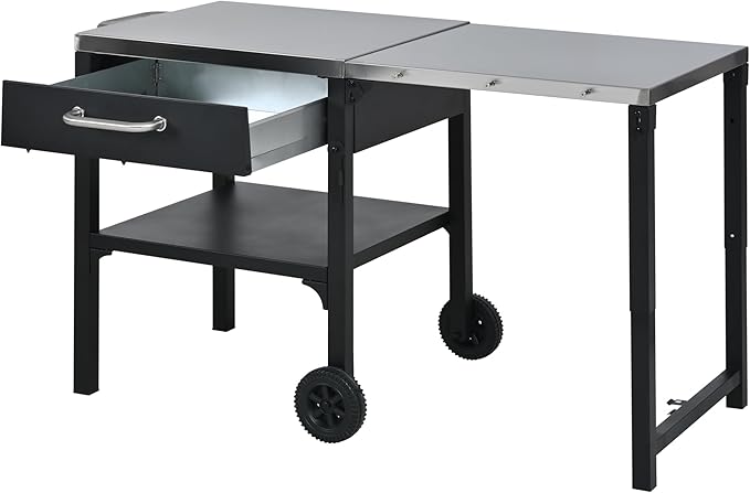 JIJIWANG 54.7" Outdoor Kitchen Island with Stainless Steel Top and Foldable Table, Kitchen Island with Drawer and Shelf, BBQ Cart with Wheels for Backyard Patio Black
