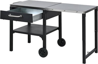 JIJIWANG 54.7" Outdoor Kitchen Island with Stainless Steel Top and Foldable Table, Kitchen Island with Drawer and Shelf, BBQ Cart with Wheels for Backyard Patio Black