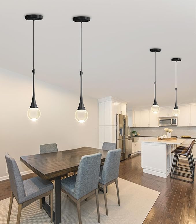 Modern Pendant Light LED Crystal Chandelier for Kitchen Island Dimmable Crystal Pendant Lighting for Dining Room Bedroom Black