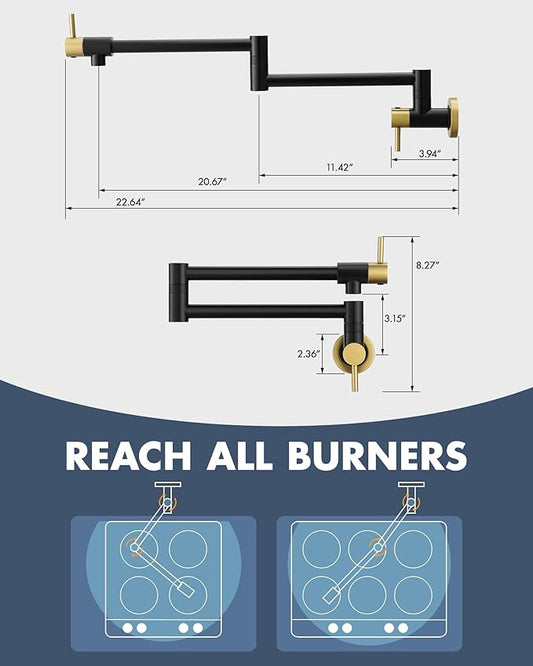 CENOSA Pot Filler Faucet Black and Gold Commercial Wall Mount Stove Faucet Wall Mount Kitchen Sink Pot Filler Facuet