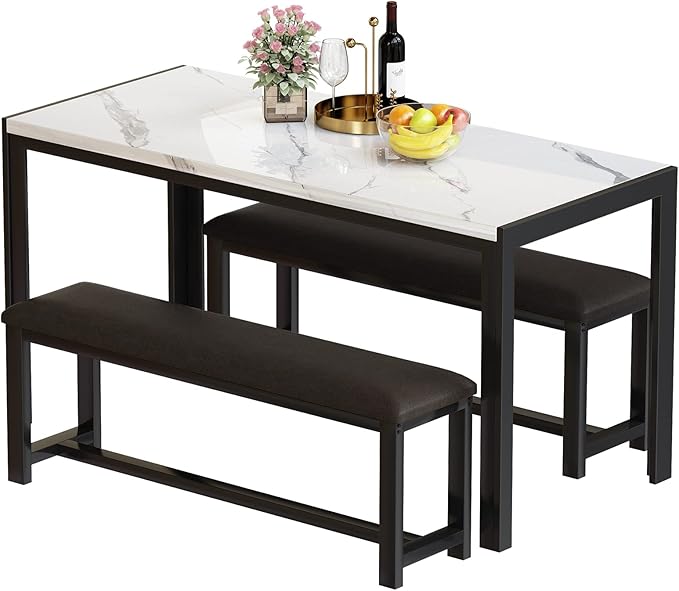 Recaceik Dining Table Set for 4, Kitchen Table and Chairs for 4, Faux Marble Dining Room Table with 2 Benches, Space Saving Dining Table and Upholstered PU Leather Bench for Small Spaces, White*