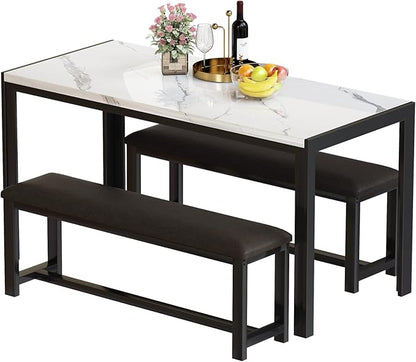 Recaceik Dining Table Set for 4, Kitchen Table and Chairs for 4, Faux Marble Dining Room Table with 2 Benches, Space Saving Dining Table and Upholstered PU Leather Bench for Small Spaces, White*