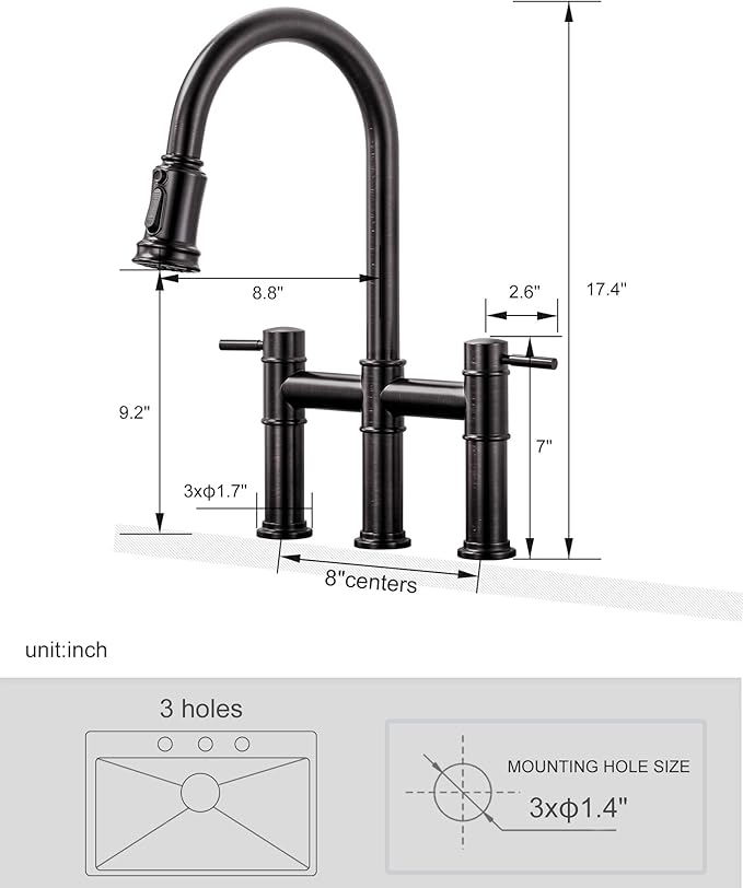 Bridge Faucet for Kitchen Sink: iVIGA Oil Rubbed Bronze Farmhouse 3 Hole Kitchen Faucet with Pull Down Sprayer - 2 Handle High Arc Brass Faucet with 360° Swivel, with Supply Lines