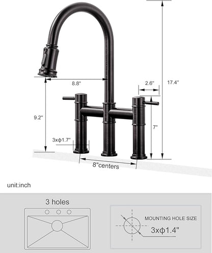 Bridge Faucet for Kitchen Sink: iVIGA Oil Rubbed Bronze Farmhouse 3 Hole Kitchen Faucet with Pull Down Sprayer - 2 Handle High Arc Brass Faucet with 360° Swivel, with Supply Lines