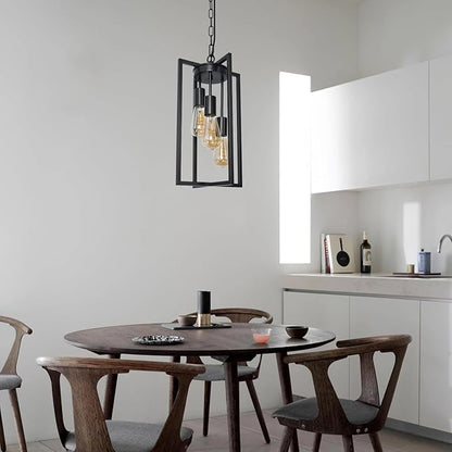 Modern Black Industrial Farmhouse Pendant Lighting, Rectangle Metal Cage Chandelier Hanging Light Fixture for Kitchen Island, Dining Room, Entryway, Hallway (3-Light)