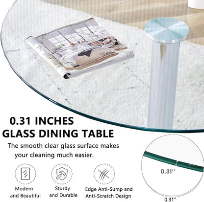 31.2” Round Glass Top Pedestal Table Glass Kitchen Dining Table, Modern Circular 2-4 Seat Breakfast Bistro Table for Dining Room, Living Room, Cafe