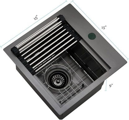 Drop In Bar Sink Black-Bokaiya 15x15 Inch Small Drop In Kitchen Sink Stainless Steel Wet Bar Outdoor Sink 16 Gauge Top Mount Single Bowl Basin with Cutting Board
