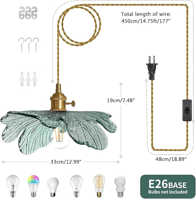 Plug in Hanging light, Modern brass Pendant Light Dark green Glass Shade 14.75ft Hanging Light with Plug in Cord Large glass pendant light Plug in Pendant Lighting for Kitchen Living Dining Room