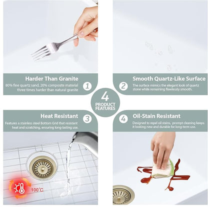Kichae 28 inch Undermount Kitchen Sink - 28" x 19" White Granite Composite Kitchen Sink Ledge Workstation Quartz Single Bowl Deep Basin with Cutting Board