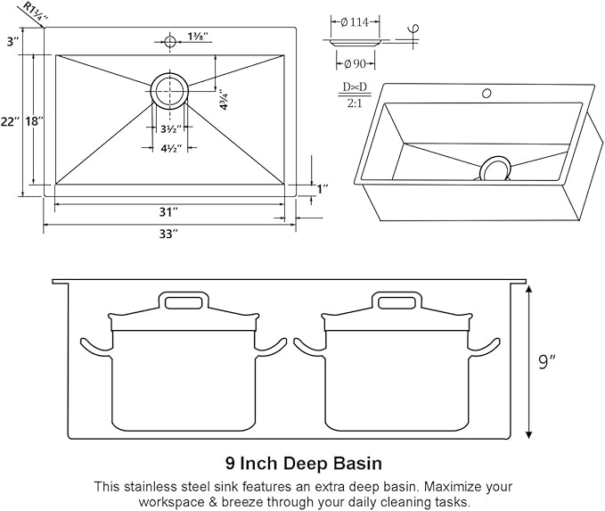 SHACO 33x22 Inch Drop In Kitchen Sink, 33 Inch All In One SUS304 Stainless Steel Top Mount Single Bowl Overmount Double Ledges Workstation Sink with Accessories, Brushed Nickel