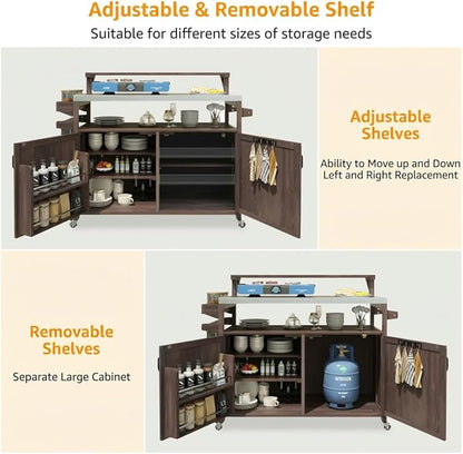 Casaphoria 53.3" Outdoor Kitchen BBQ Grill Cart, 100% Fir Wood Bar Cart Pizza Oven Table with Stainless Steel Countertop, Raised Worktop, Hooks, Adjustable Shelves Outdoor Kitchen Island, Brown
