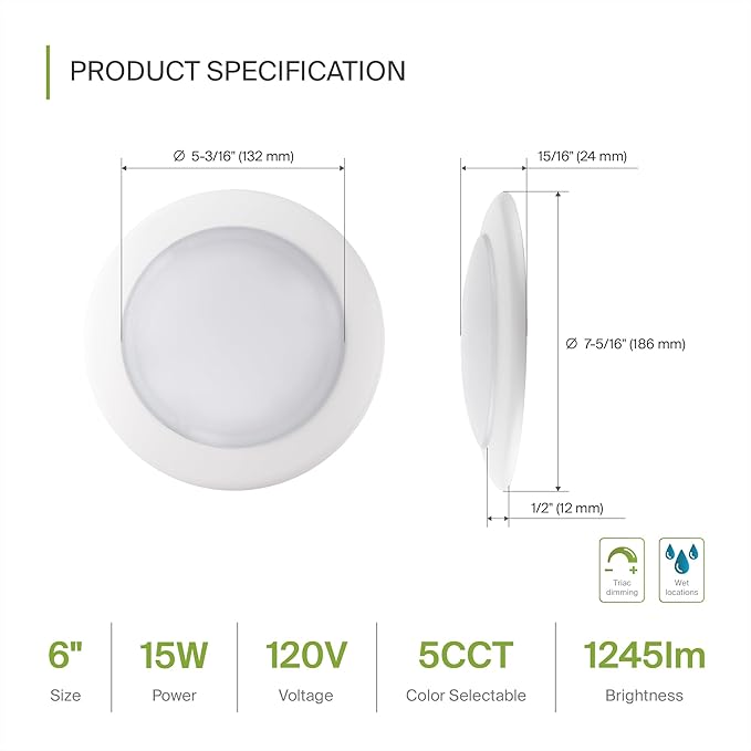 ASD 6 Pack LED Disk Lights 6 Inch, 15W 5CCT 2700K-5000K 1245LM CRI90+, Dimmable Flush Mount Ceiling Light Fixture, Low Profile Surface Mount Disc Lights, Junction Box or Recessed Can Install, UL